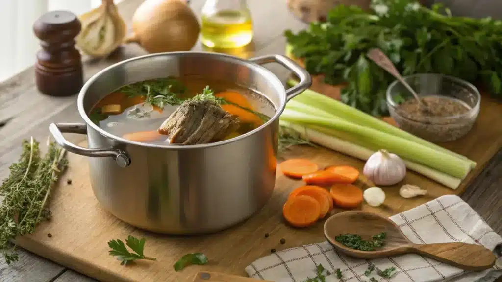 A stainless steel pot on a wooden table filled with simmering soup bone broth, carrots, celery, and herbs like parsley and thyme, surrounded by fresh ingredients.