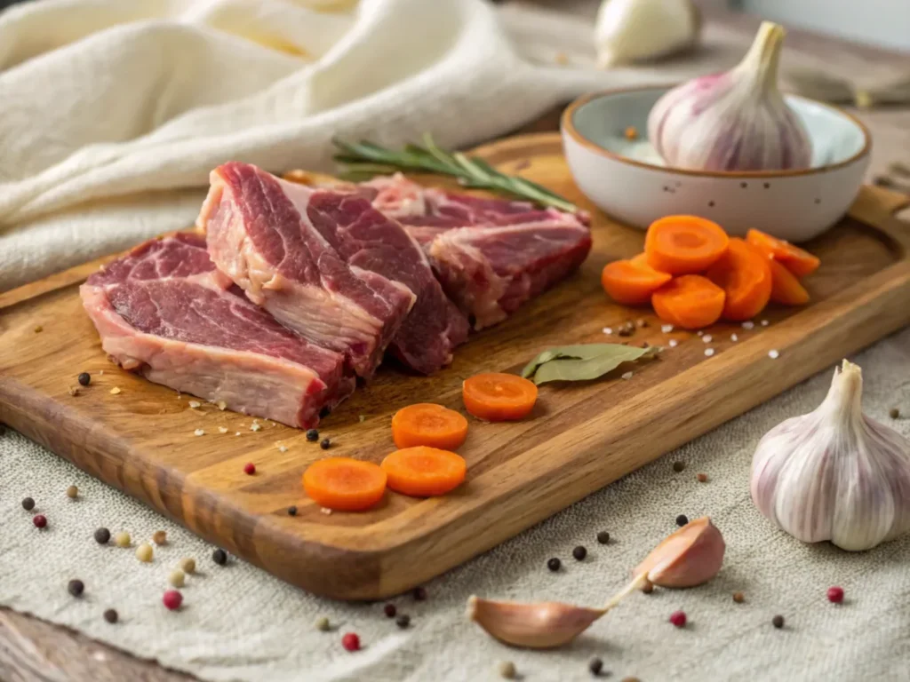 Preparing Soup Bone Ingredients A wooden cutting board with raw soup bones, sliced carrots, garlic bulbs, bay leaves, and scattered peppercorns, placed on a rustic fabric.