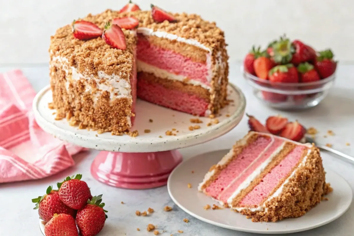 layered-strawberry-cake-with-crumb-topping-served-on-a-cake-stand-and-plate-with-fresh-strawberries