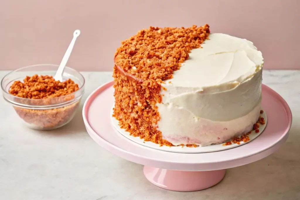 frosted-cake-on-pink-stand-half-covered-with-crumb-topping-bowl-of-crumbs-with-spoon-in-background