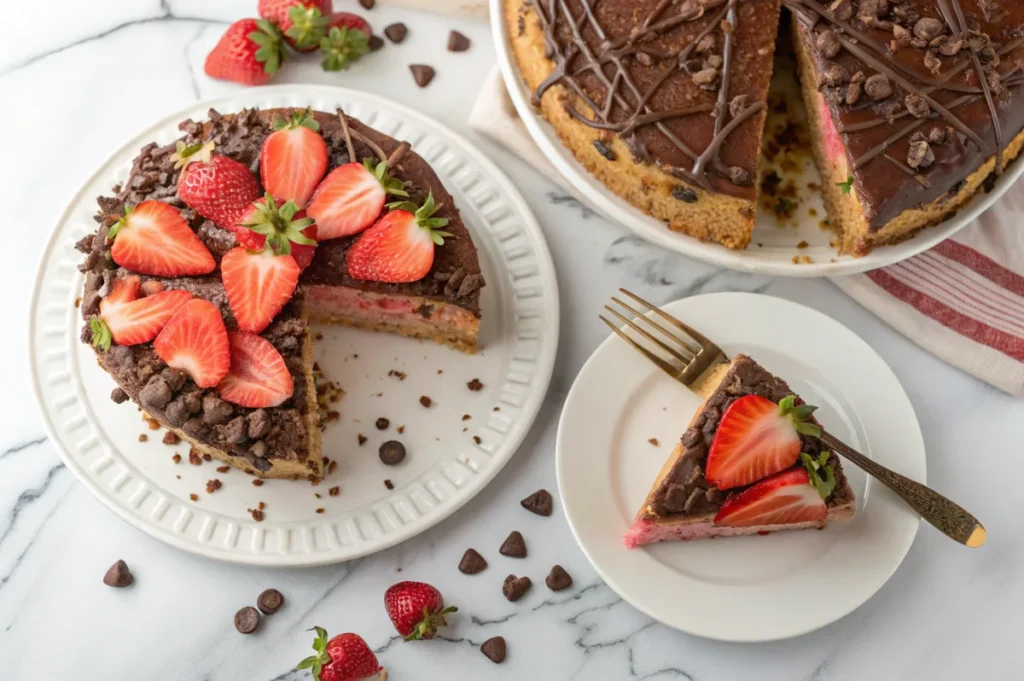 Strawberry crunch cake with chocolate drizzle and fresh strawberries.