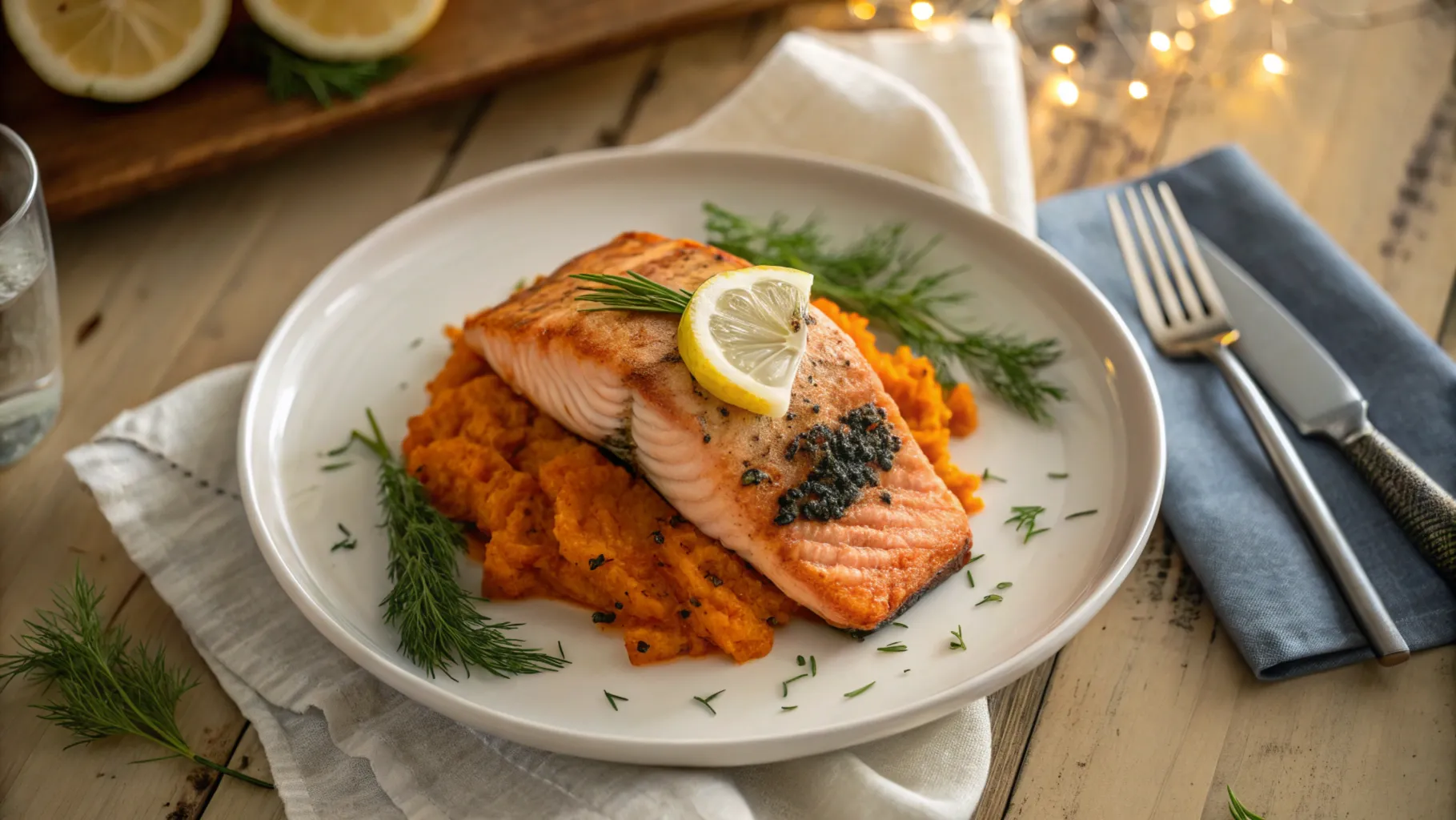 Roasted salmon on a bed of mashed sweet potatoes, garnished with dill and lemon on a white plate.