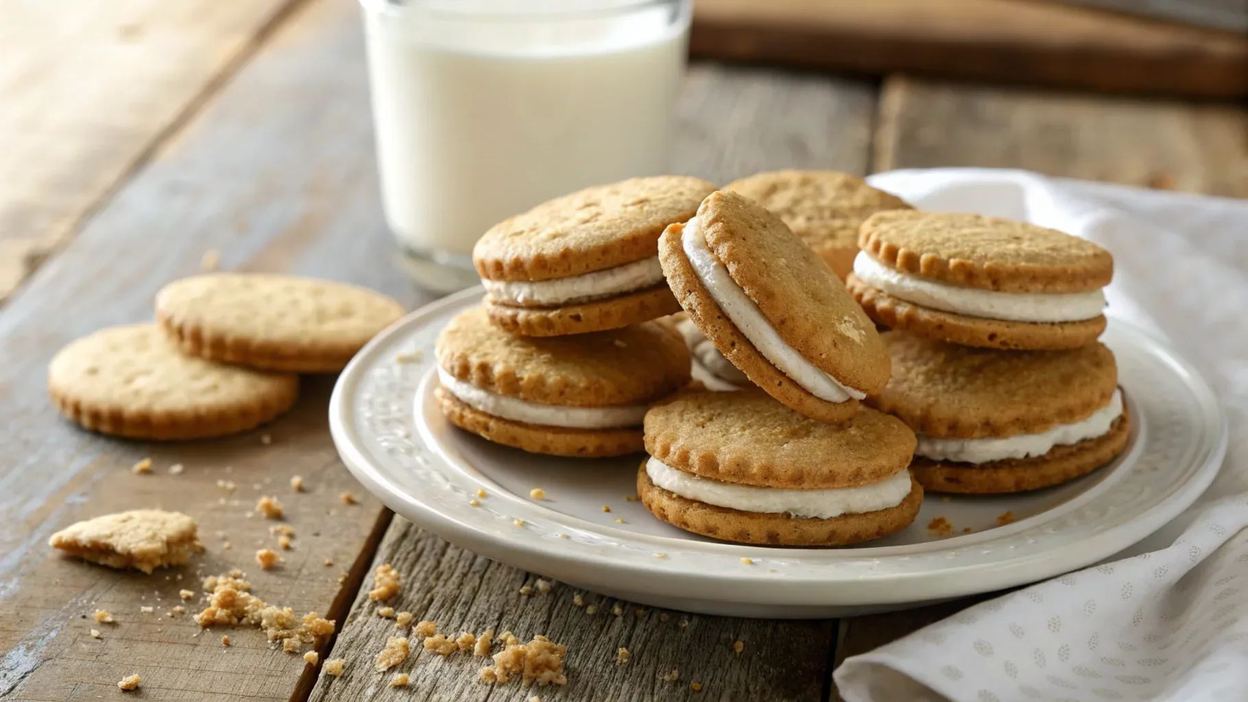 A plate of vanilla sandwich cookies with creamy filling, surrounded by crumbs, placed on a rustic wooden table alongside a glass of milk.