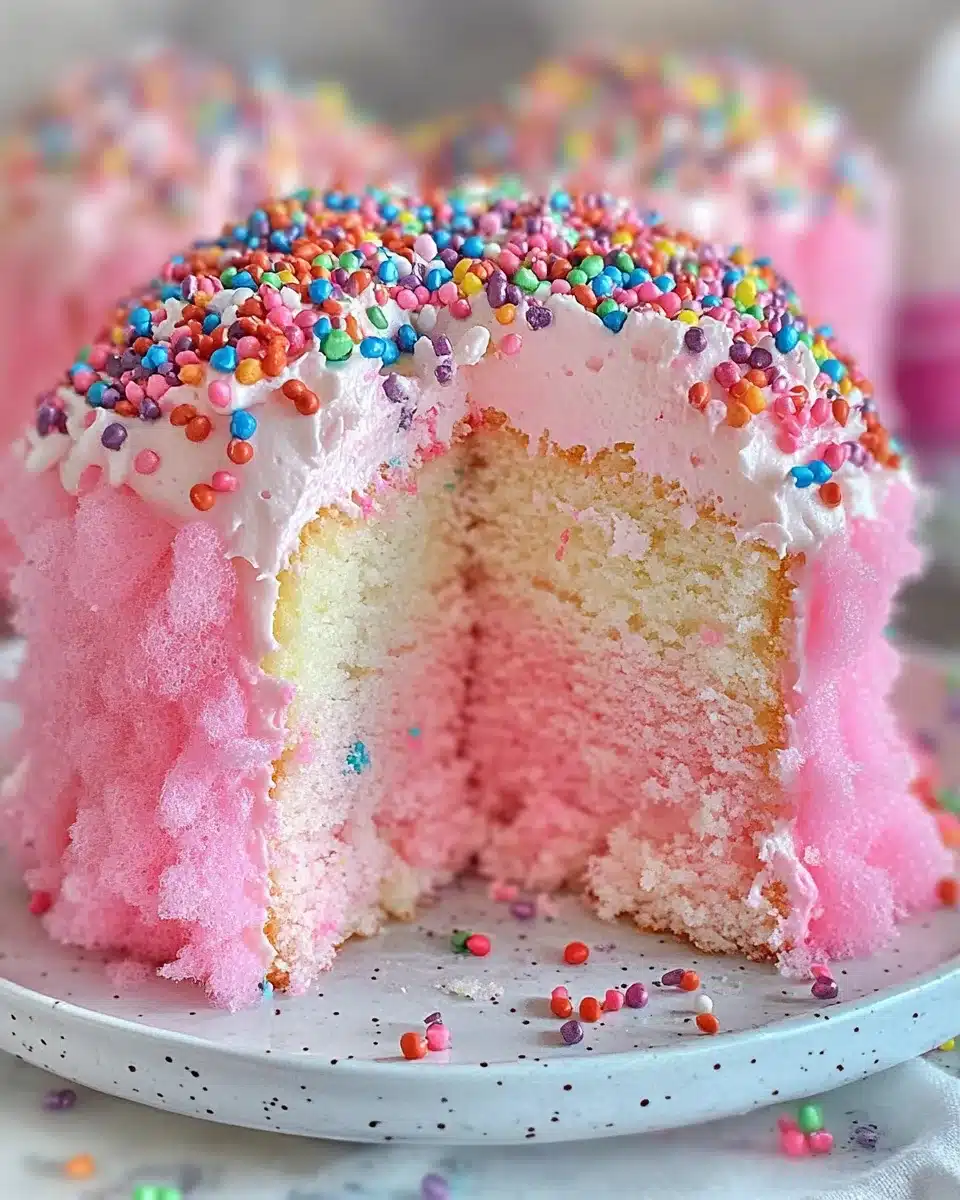 A whimsical cotton candy cake with pastel pink and blue marbled layers, covered in fluffy cotton candy-flavored buttercream, topped with fresh cotton candy and edible glitter, creating a dreamy carnival-inspired dessert