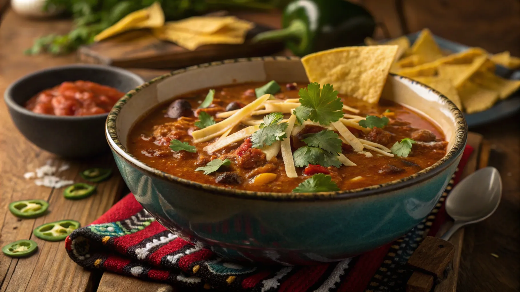 Thick taco soup garnished with cheese, cilantro, and tortilla strips.