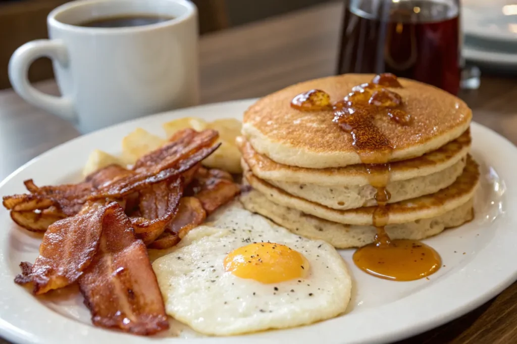 Classic All-American breakfast with pancakes, bacon, and eggs.