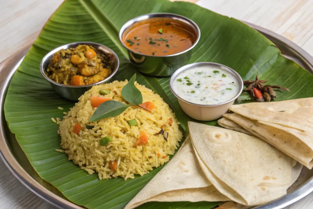 South Indian thali with Anjappar Egg Fried Rice and accompaniments.