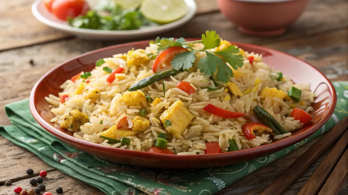 Anjappar Egg Fried Rice with eggs, vegetables, and spices on a plate