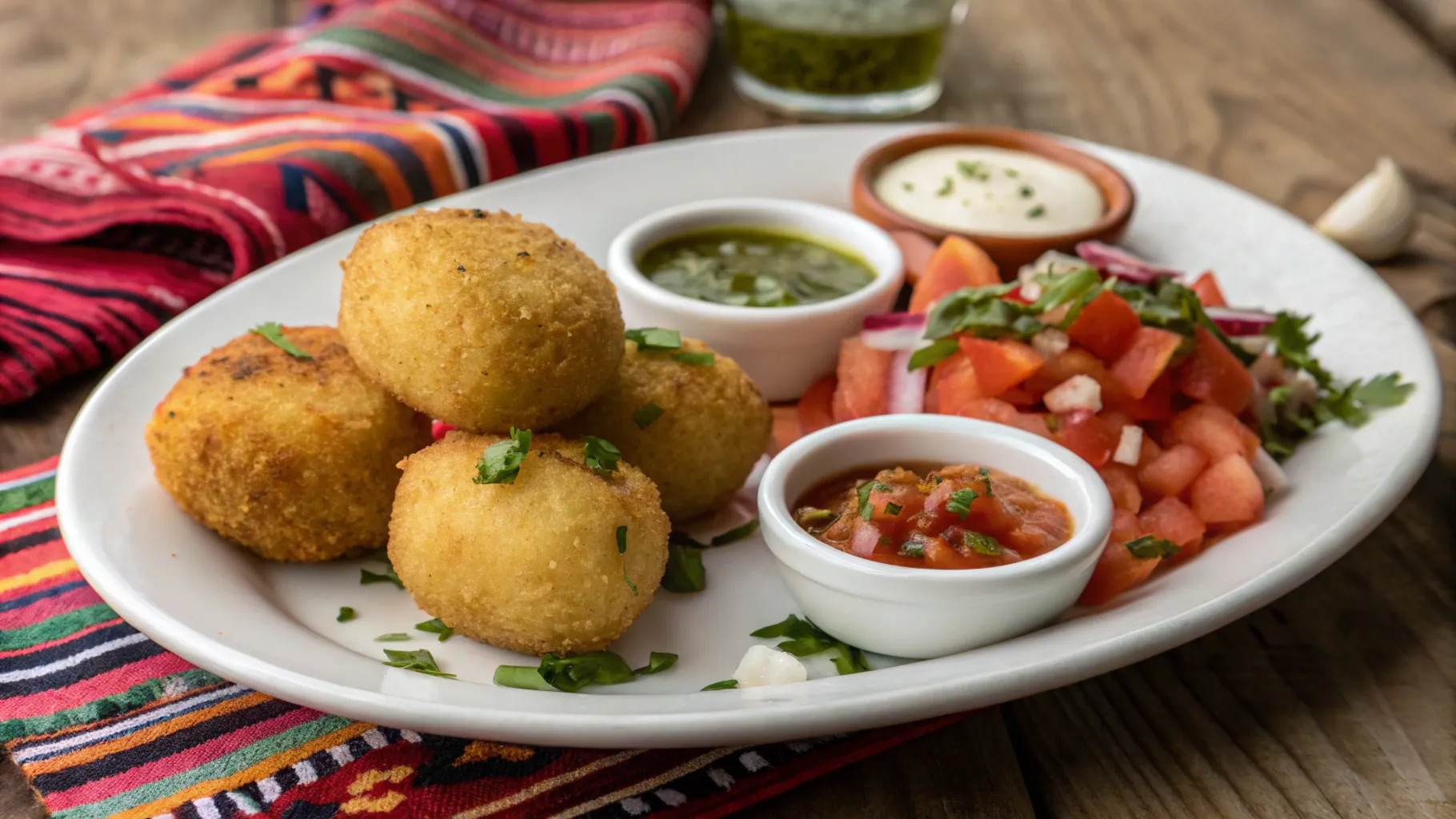 Authentic Chilean papas rellenas served with fresh tomato salad.