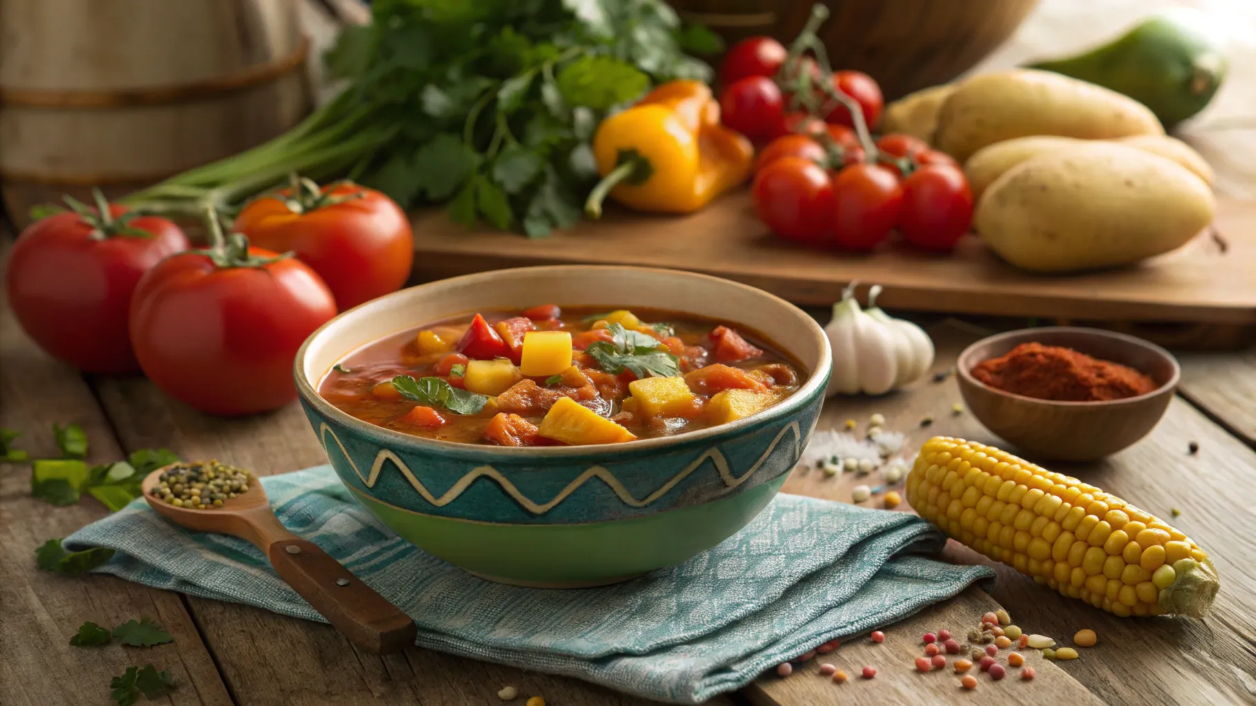 Authentic Chilean tomato stew in a rustic bowl surrounded by fresh ingredients.