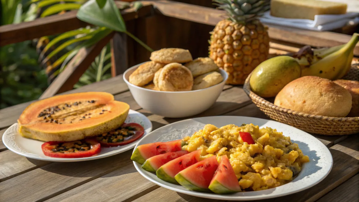 Traditional Jamaican breakfast with ackee, saltfish, and tropical fruits