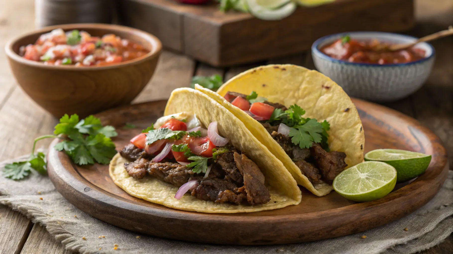 Traditional Mexican beef taco with cilantro and lime