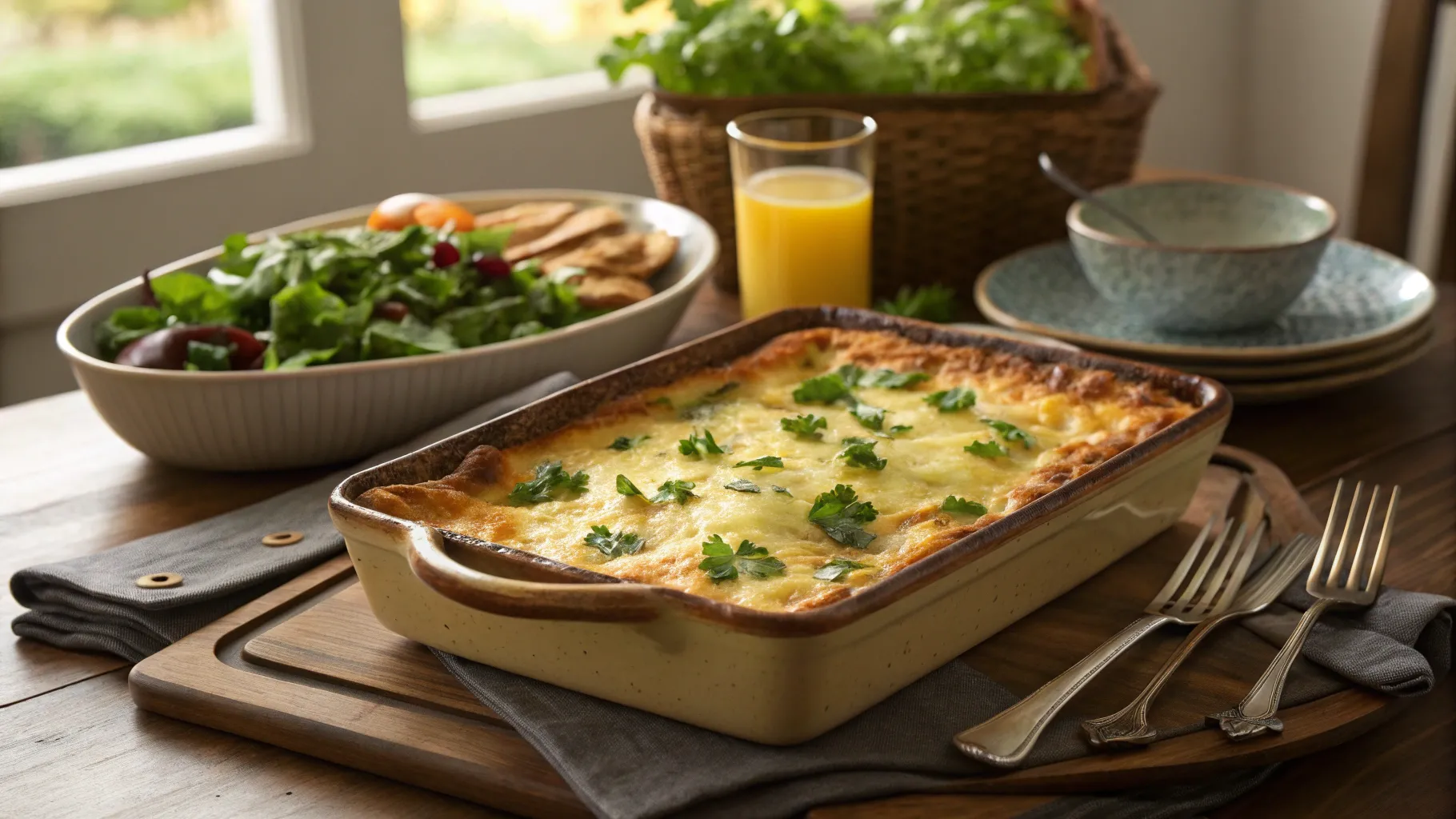 Baked egg casserole with crackers and fresh parsley in a baking dish.