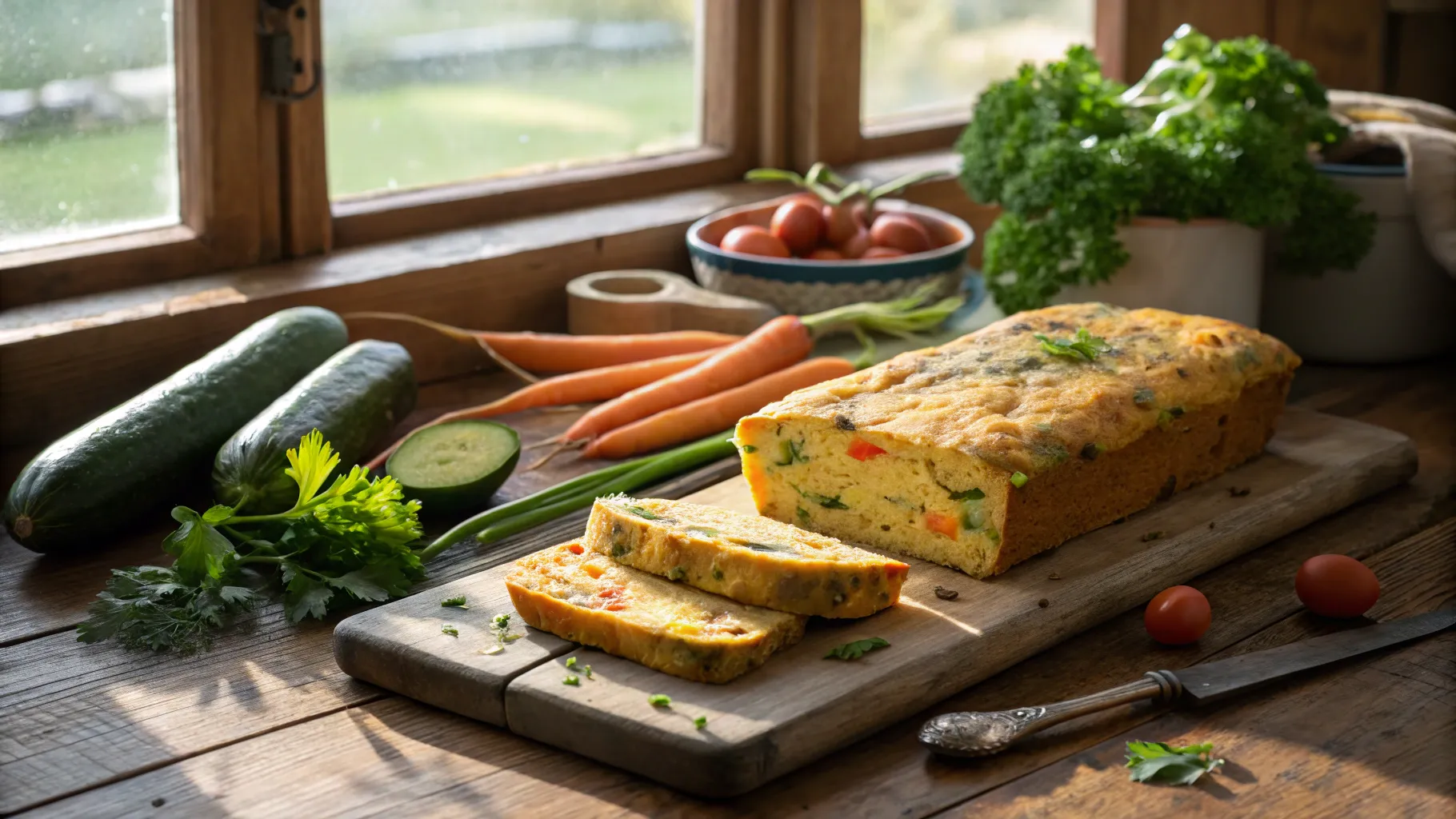 Vegan egg loaf on a rustic table with fresh vegetables.