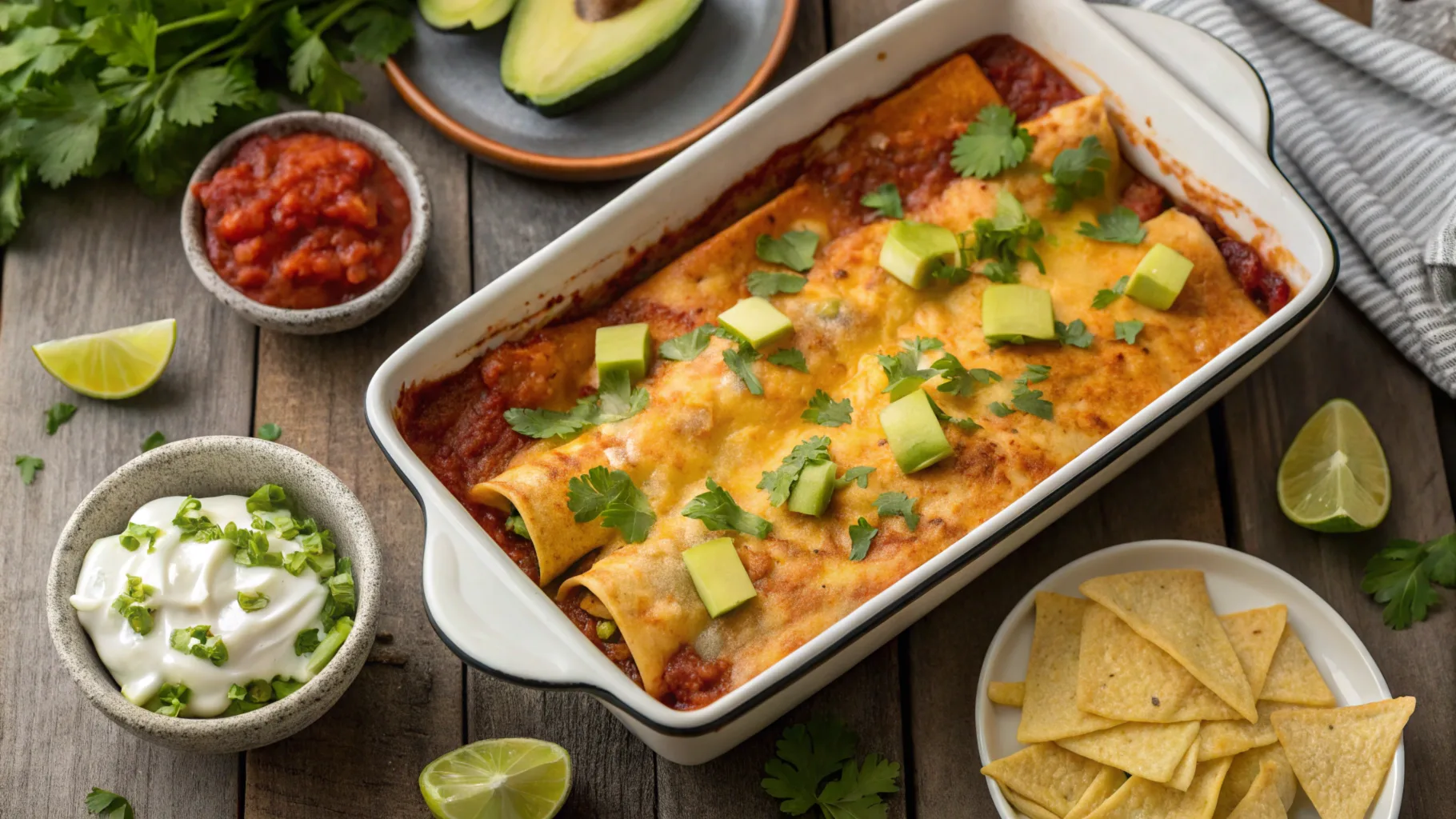 Freshly baked boulders enchiladas with melted cheese and garnishes.