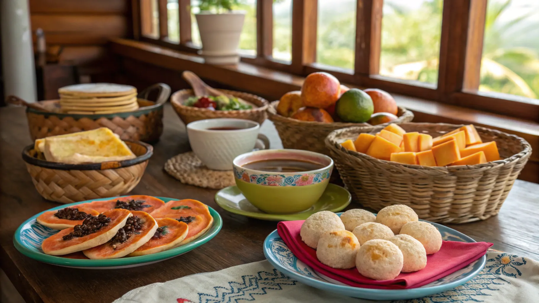 Authentic Brazilian breakfast table with pão de queijo, coffee, and tropical fruits