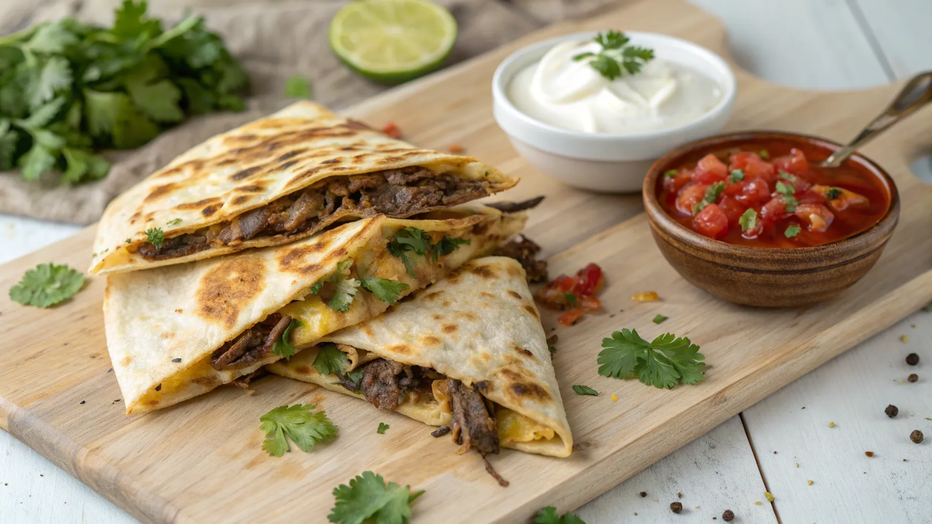 Overhead view of a smoky brisket quesadilla with melted cheese, garnished with fresh cilantro, served on a wooden board alongside dips.