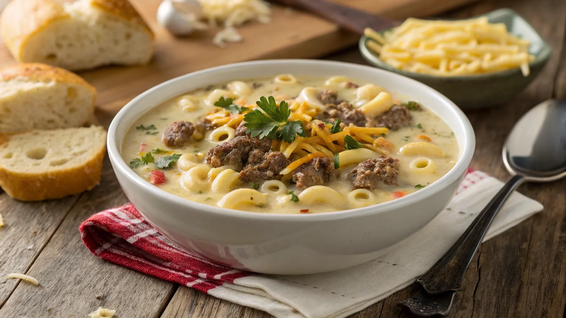 Bowl of cheeseburger macaroni soup with garlic bread.