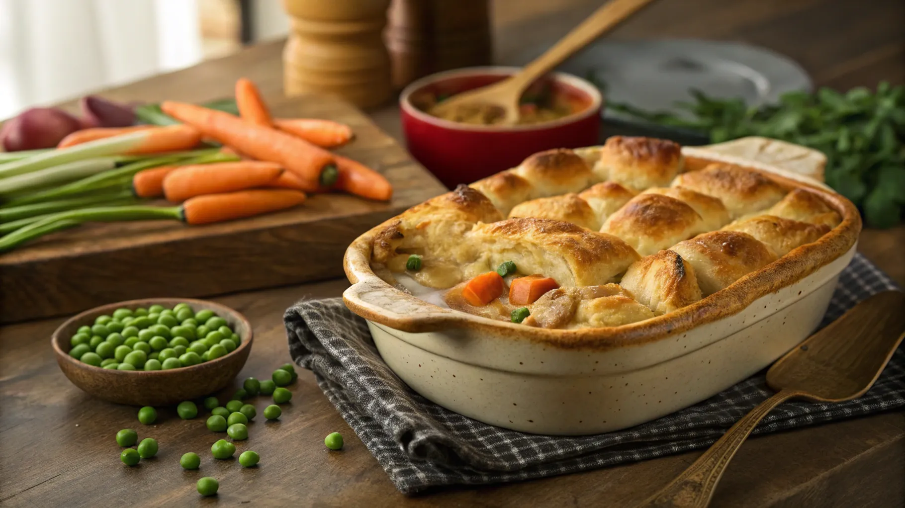 Golden-brown chicken pot pie using crescent rolls served in a baking dish.