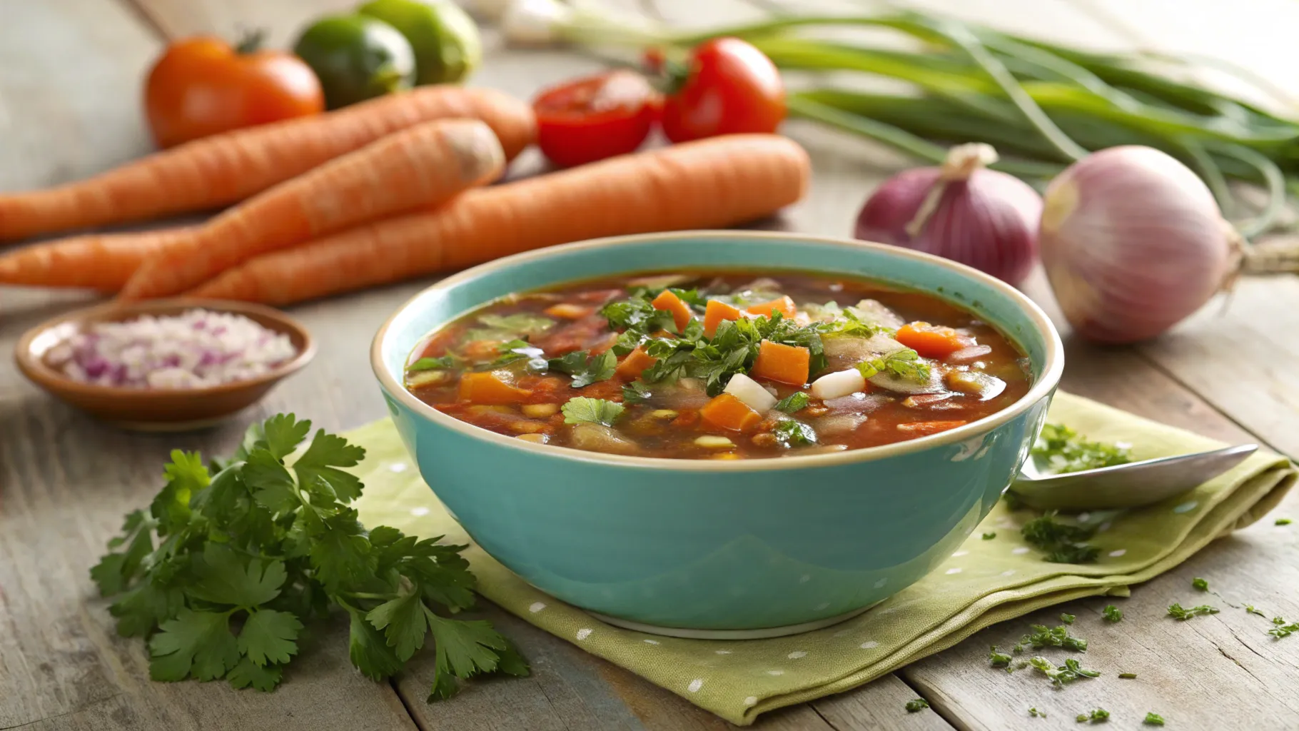 A vibrant bowl of Chopt soup with fresh vegetables and herbs.