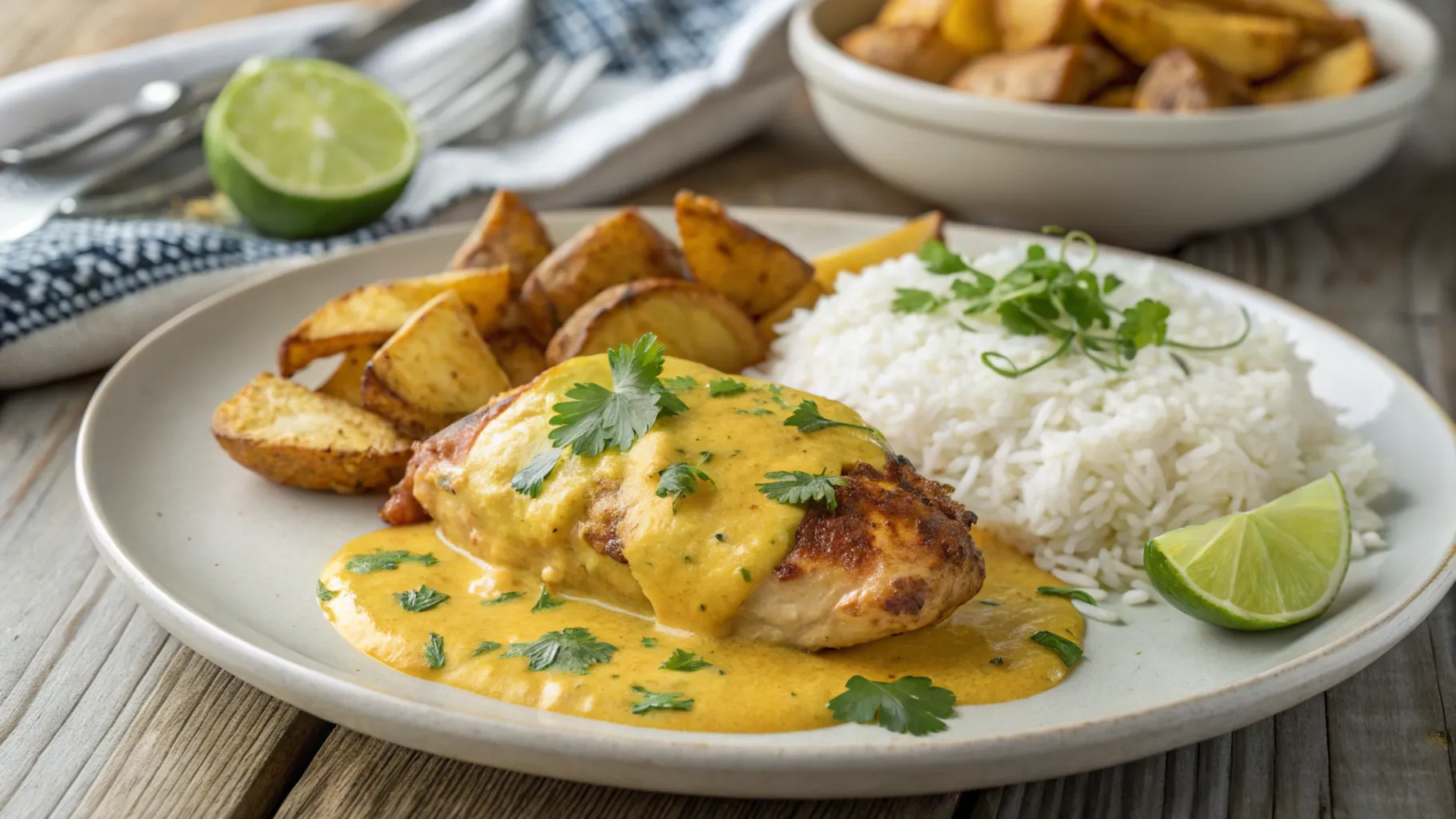 Churu Chicken Amarillo with creamy aji amarillo sauce and rice