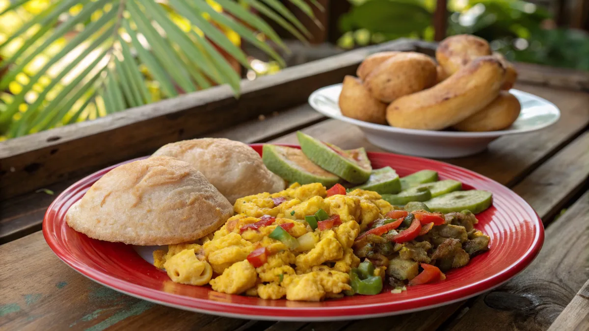 Traditional Jamaican breakfast with ackee and saltfish, fried dumplings, and boiled green bananas.