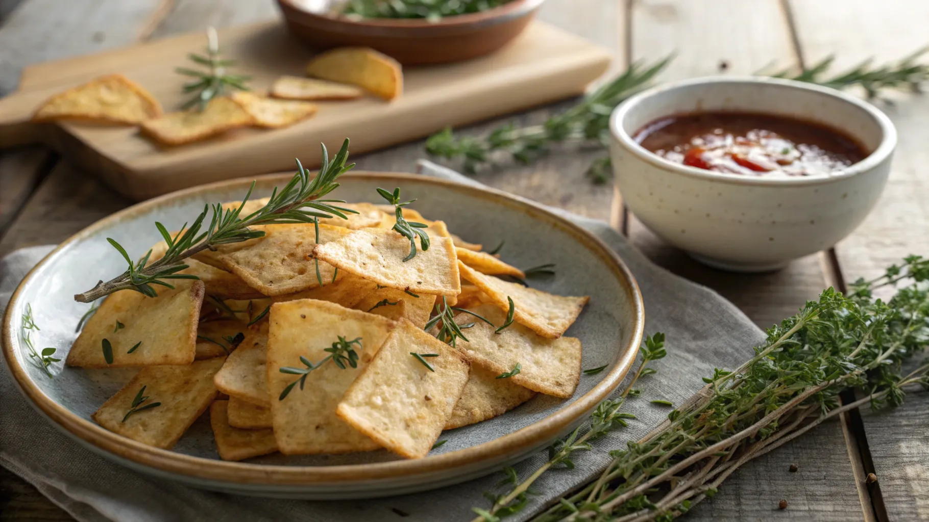 Golden-brown cottage cheese chips on a wooden table.