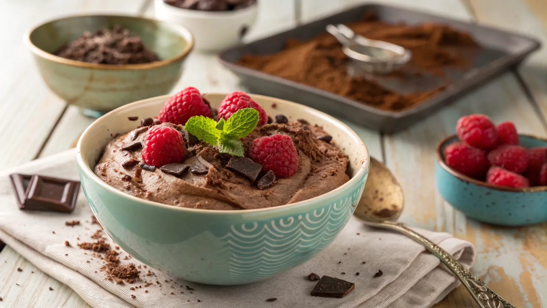 Cottage Cheese Chocolate Mousse garnished with chocolate shavings and raspberries