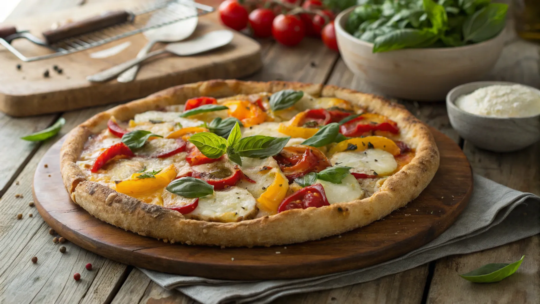 Cottage cheese pizza crust with vegetable toppings.