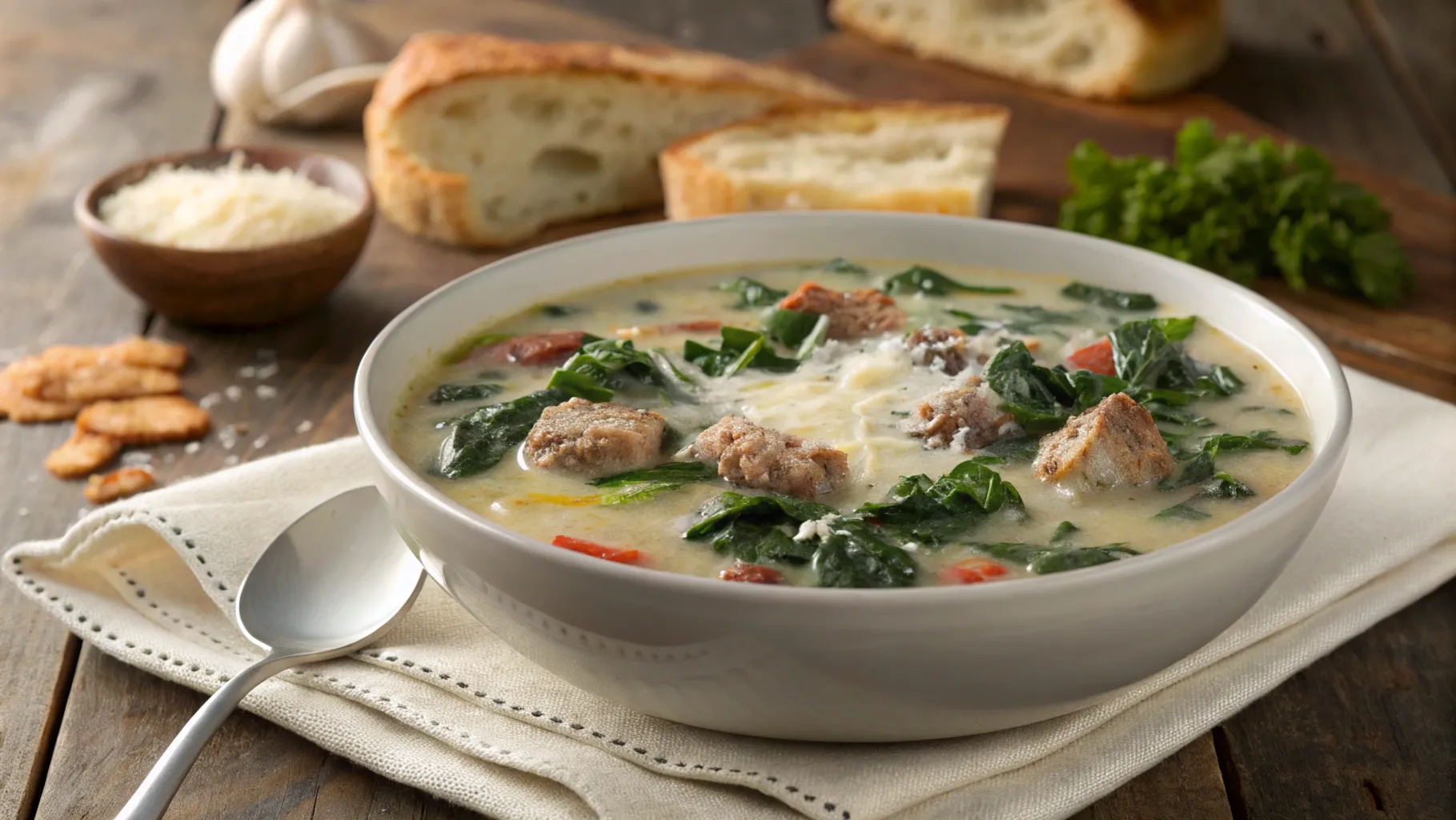 Creamy Parmesan Italian Sausage Soup with Garlic Bread