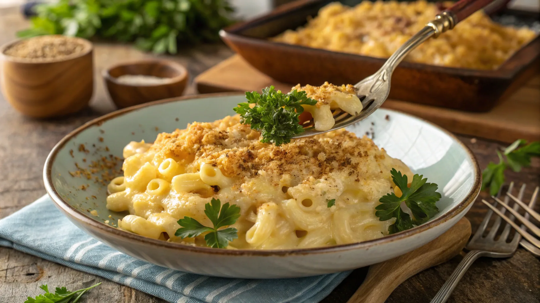 Plate of creamy mac and cheese with golden breadcrumbs.