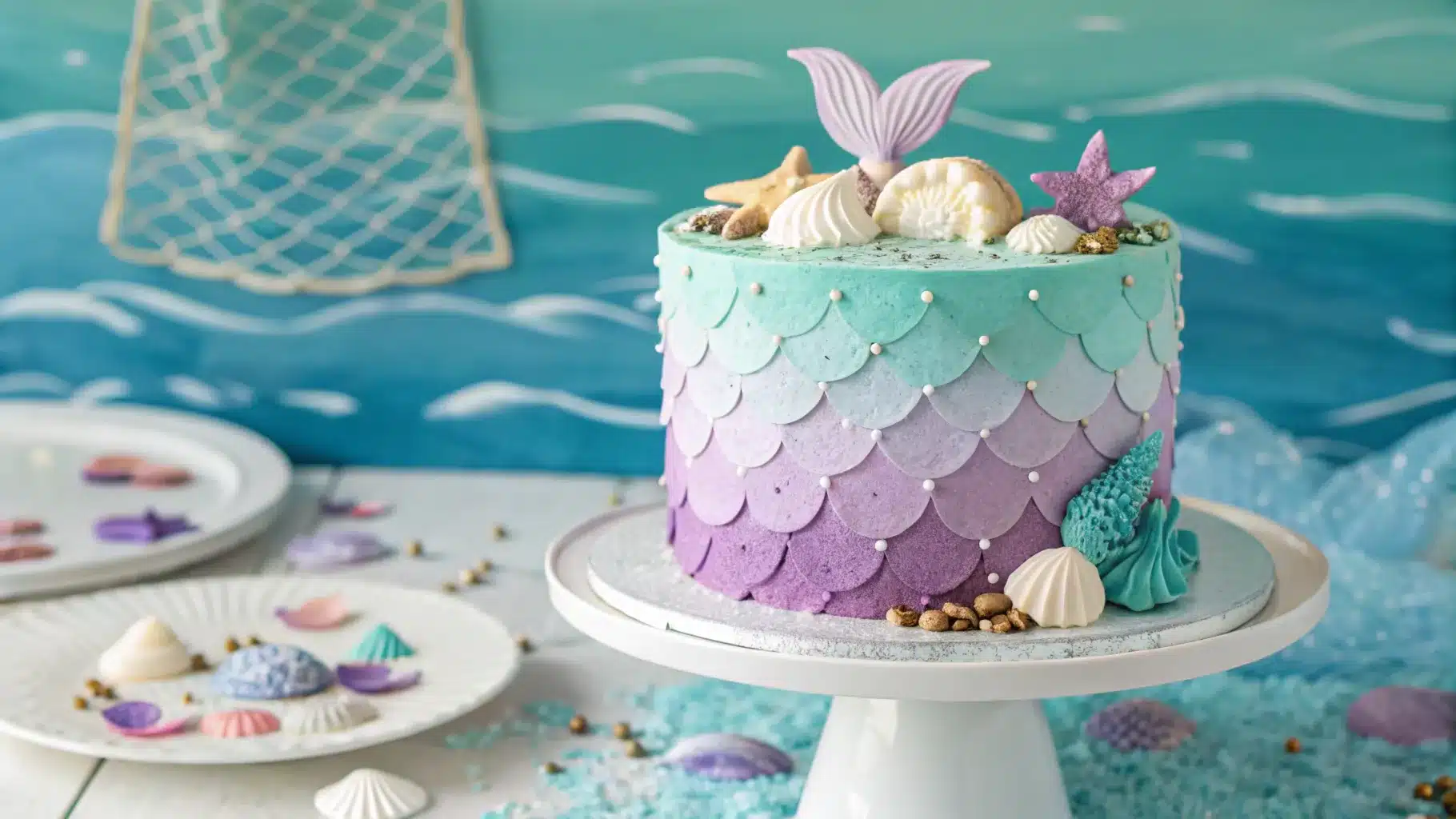 Elegant tiered mermaid cake with pastel frosting and metallic accents.