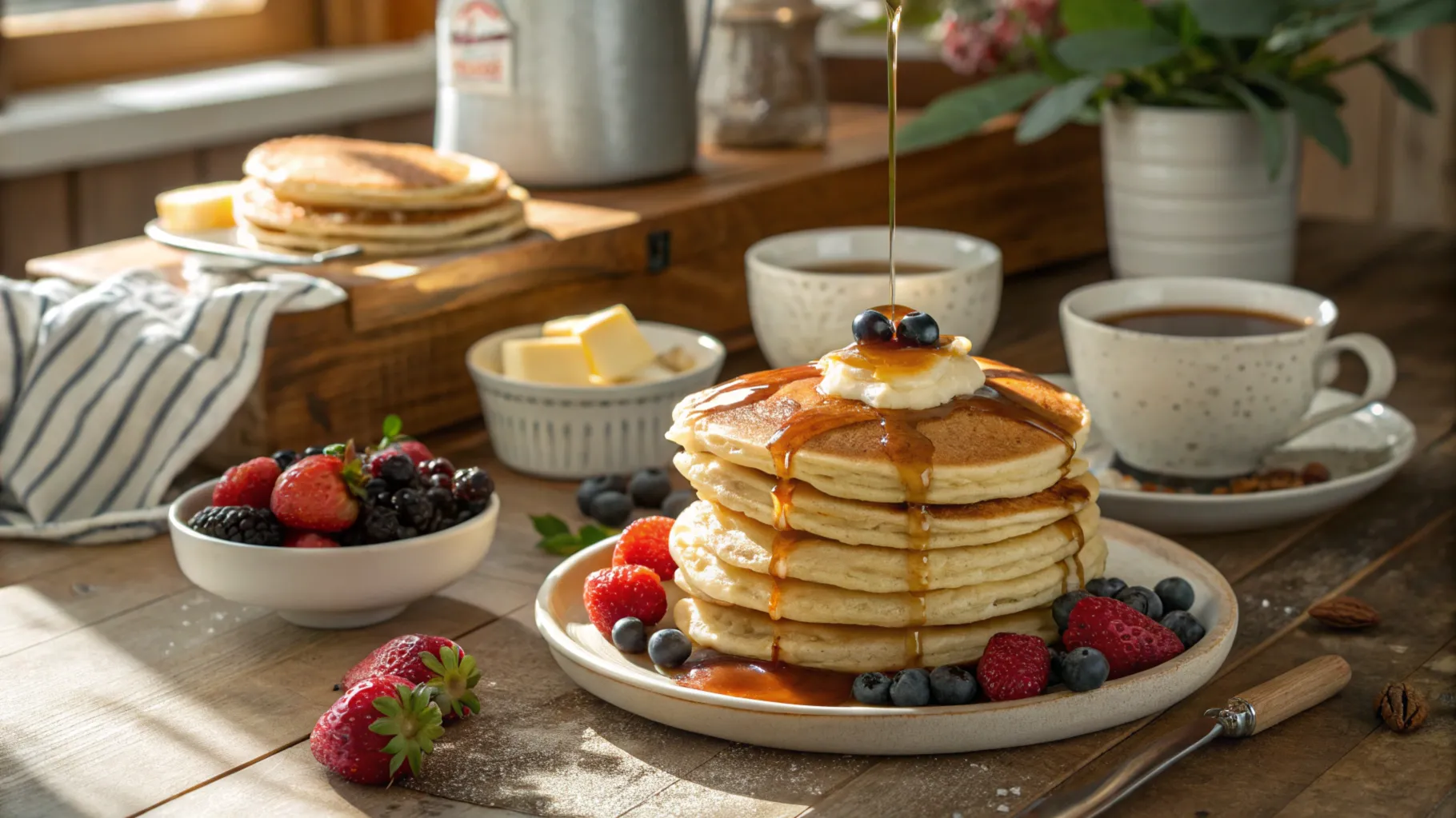 Fluffy pancakes with maple syrup and fresh fruits on a breakfast table.