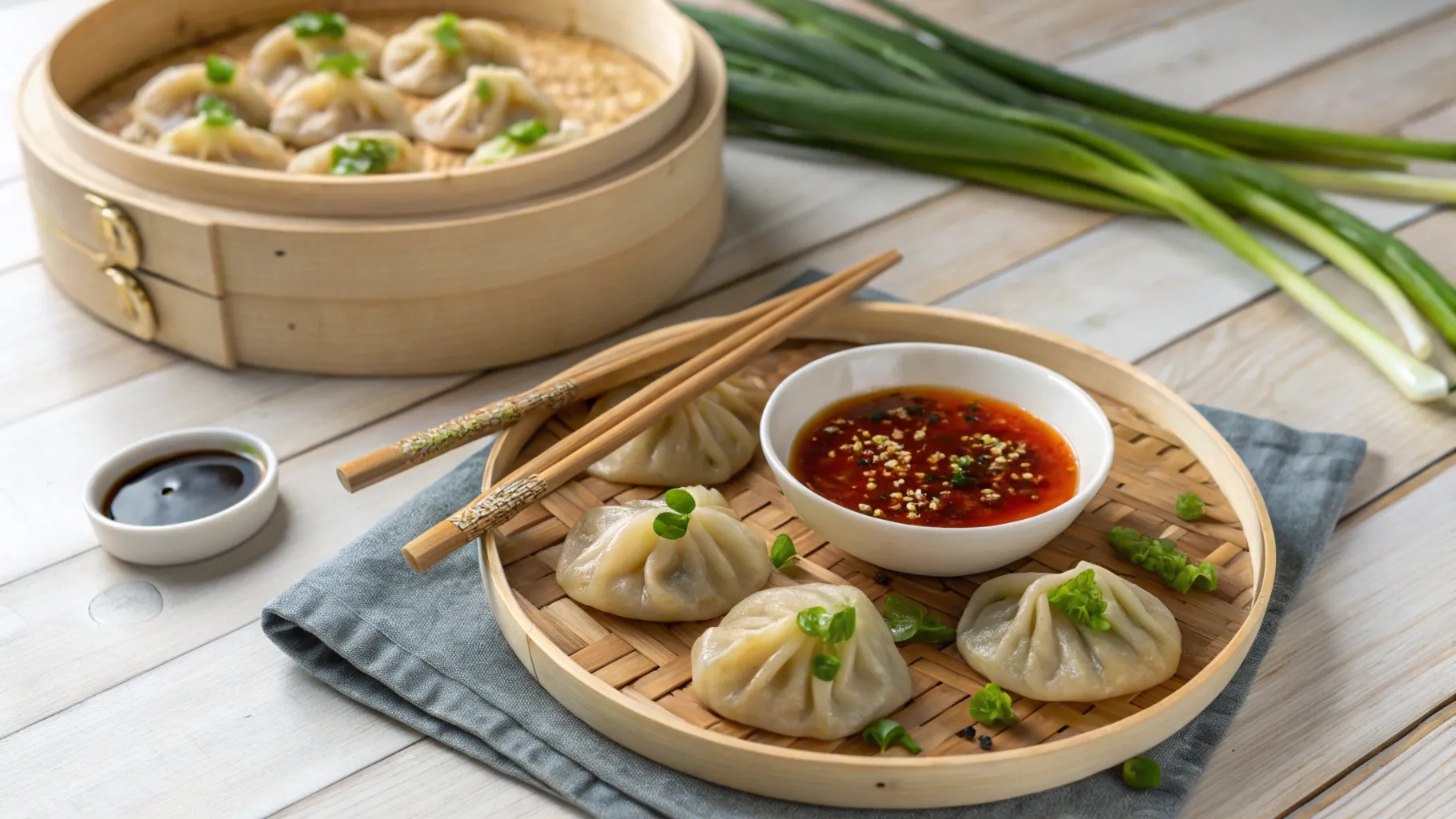 A plate of vegan dumplings with dipping sauce on a bamboo tray.