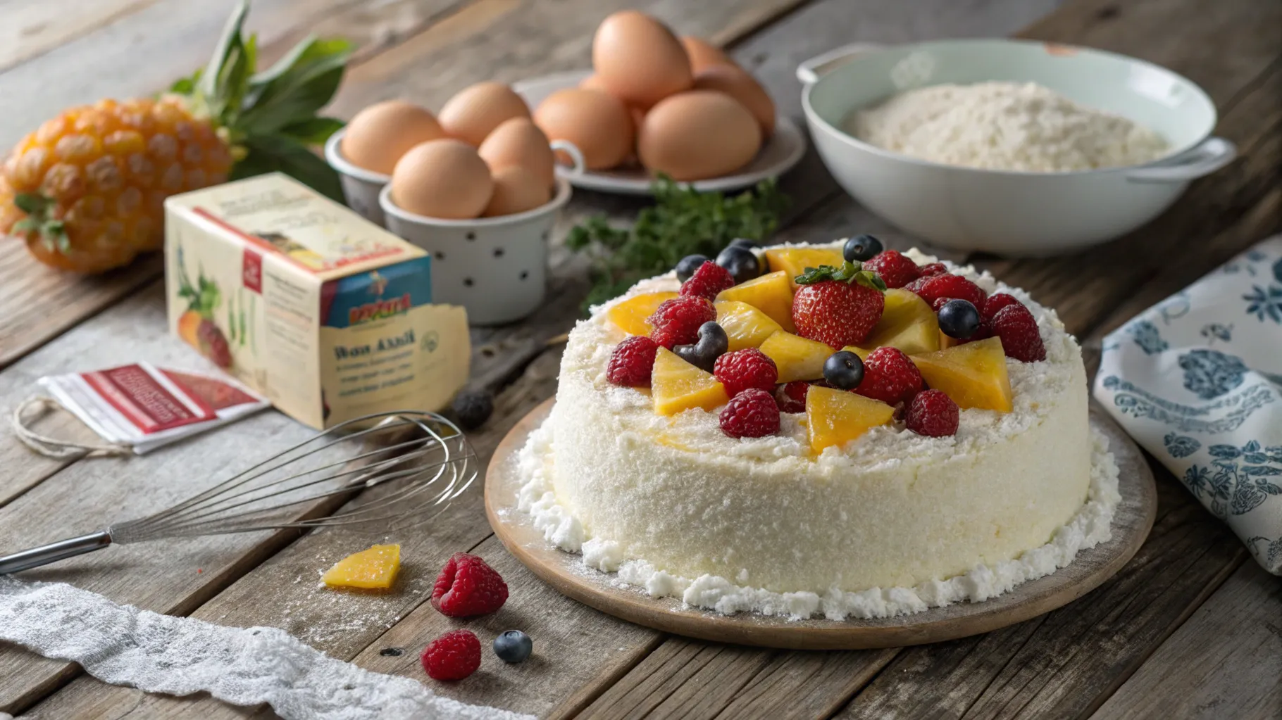 A freshly baked fruit cake on a rustic table with eggs and cake mix.