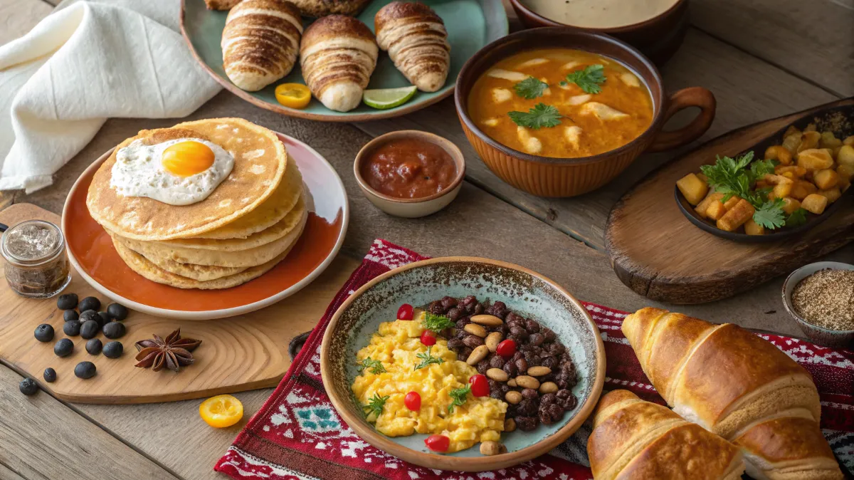 Traditional breakfasts from around the world, including pancakes, miso soup, and croissants.