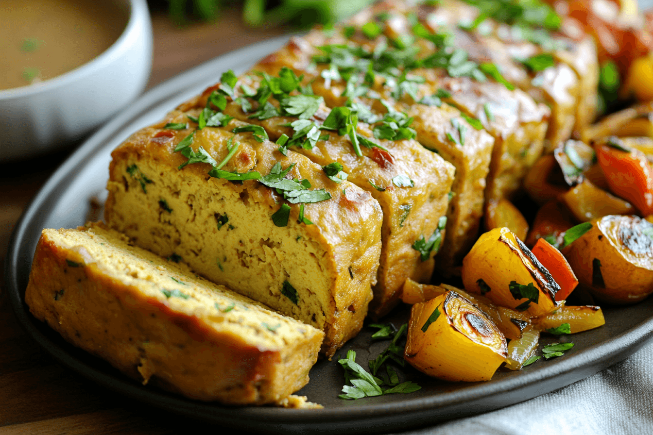 A golden-brown vegan egg loaf, freshly baked and sliced into thick portions, garnished with fresh parsley. Served on a wooden cutting board alongside roasted vegetables and a side of vegan gravy.