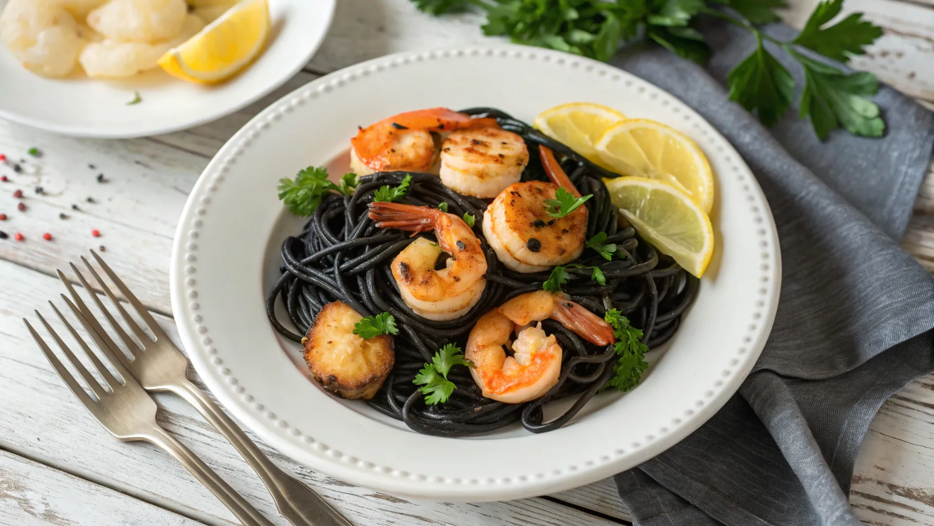 Black spaghetti with seafood and parsley garnishing.