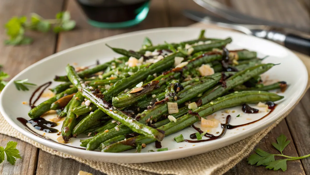 Roasted green beans with garlic, Parmesan, and balsamic glaze