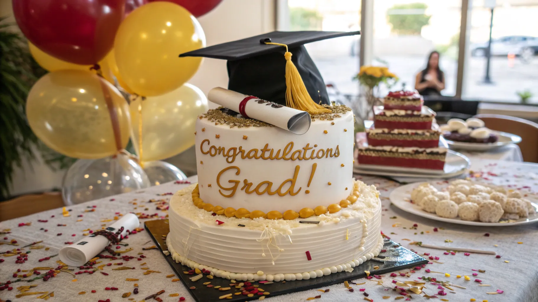 Graduation cake with a cap and diploma design on a decorated party table.