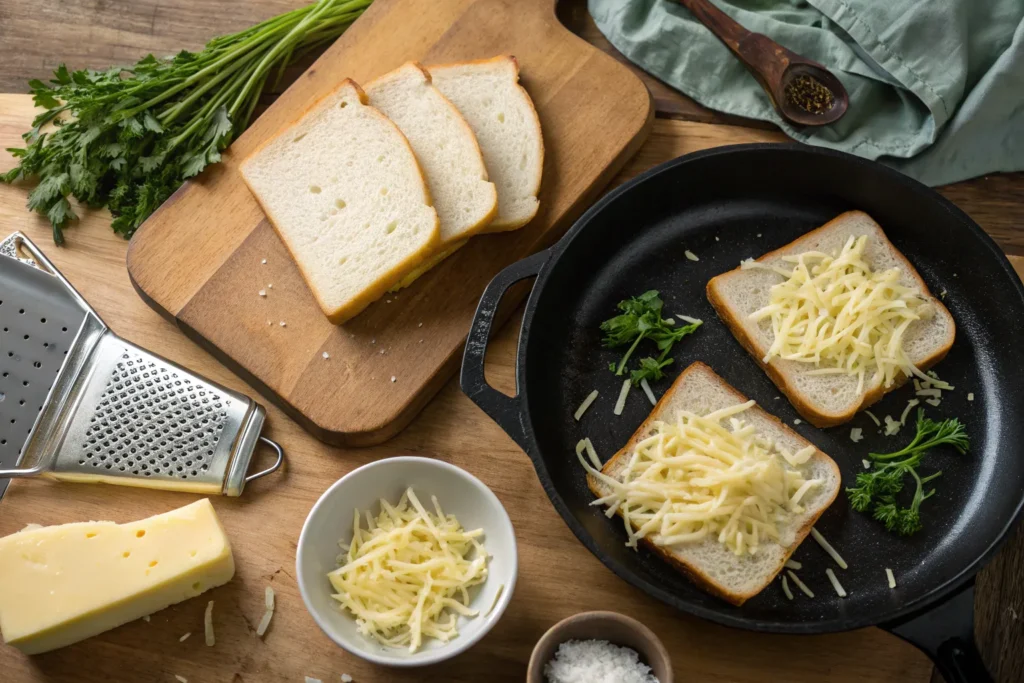 Preparing grilled cheese sandwich with buttered bread and shredded cheese