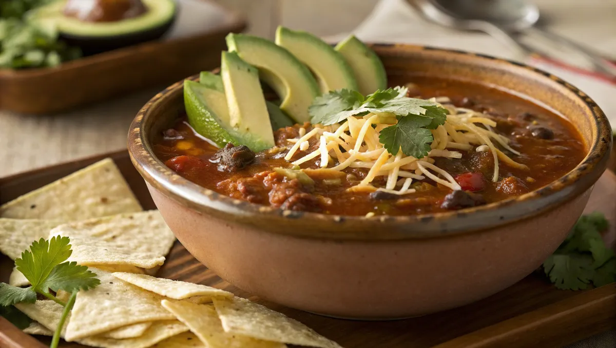 A bowl of thick taco soup with toppings like cheese, avocado, and cilantro.