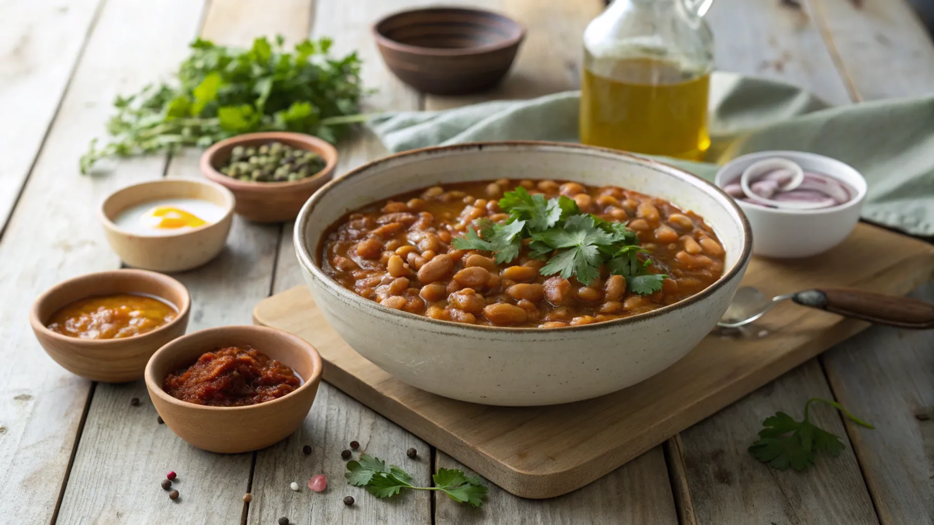 Rustic bowl of baked beans on a wooden table