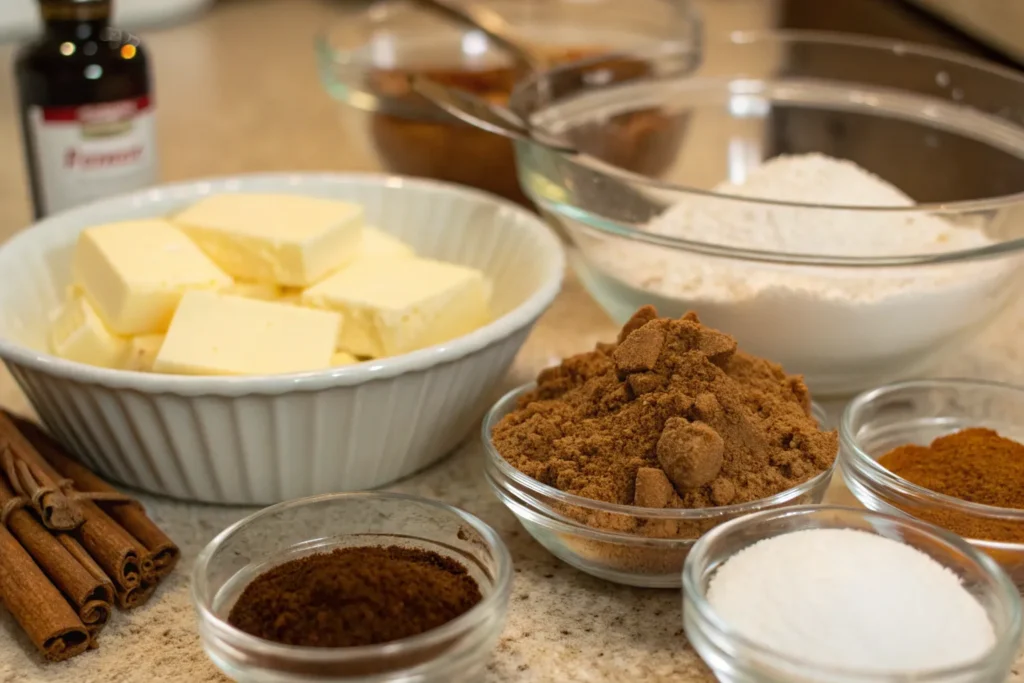 Ingredients for Vermont chewy molasses cookies on a kitchen countertop.