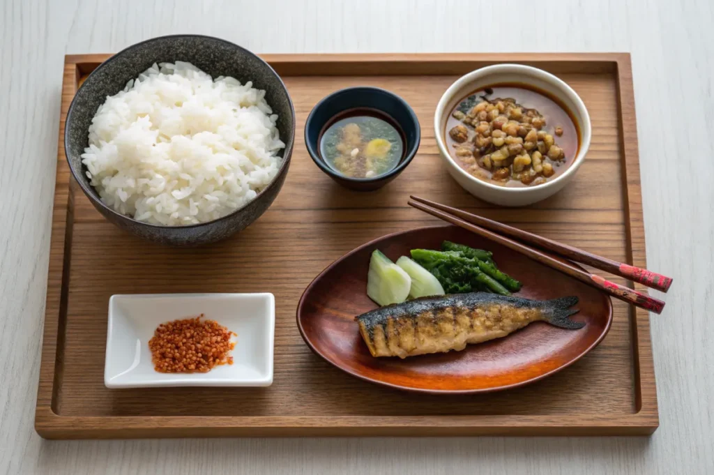 Traditional Japanese breakfast with rice, miso soup, and grilled fish.
What is a traditional breakfast