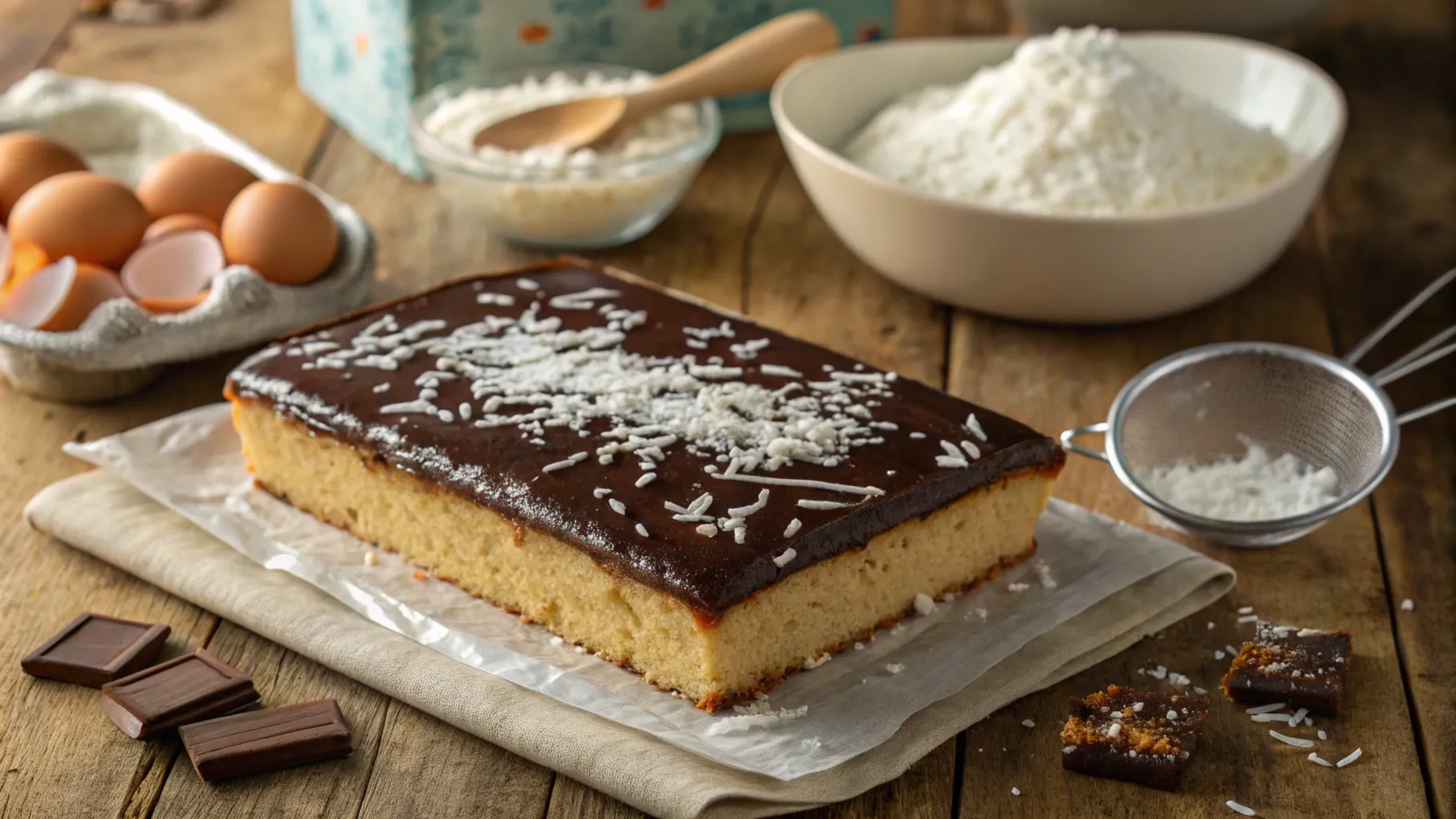 Kefir sheet cake with chocolate glaze and coconut topping on a rustic table.