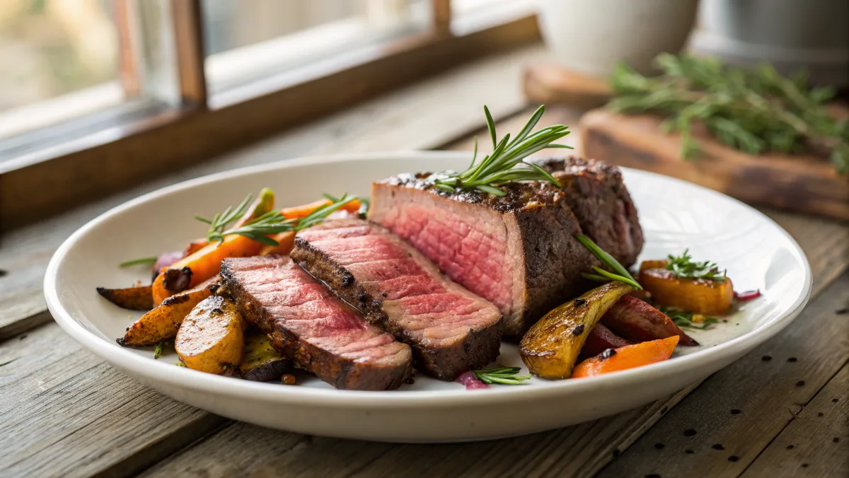 A beautifully plated Wagyu beef dish with roasted vegetables.