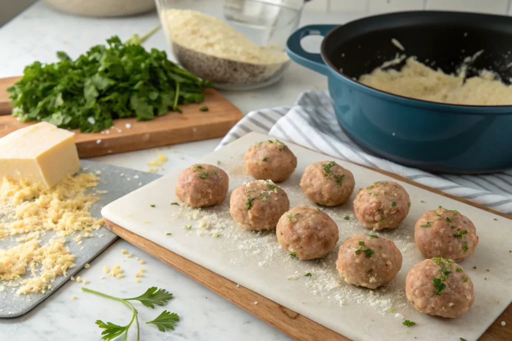 Preparing Spaghetti and Meatballs in a Dutch Oven for cooking .