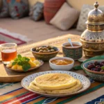 Traditional Moroccan breakfast in Marrakech with msemen, baghrir, mint tea, and olives on a colorful table.