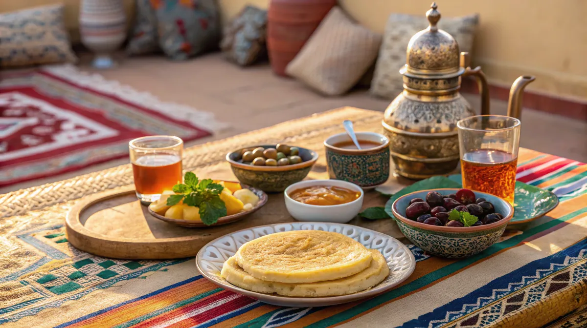 Traditional Moroccan breakfast in Marrakech with msemen, baghrir, mint tea, and olives on a colorful table.